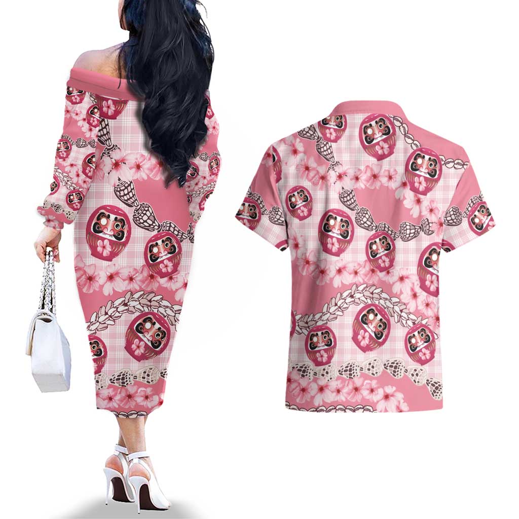 Japanese Daruma Doll Palaka Couples Matching Off The Shoulder Long Sleeve Dress and Hawaiian Shirt Cherry Blossoms With Shell Lei - Polynesian Pride