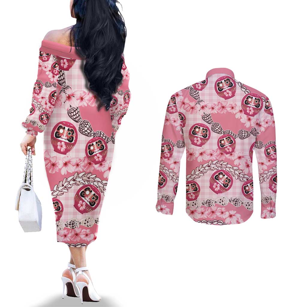 Japanese Daruma Doll Palaka Couples Matching Off The Shoulder Long Sleeve Dress and Long Sleeve Button Shirt Cherry Blossoms With Shell Lei - Polynesian Pride