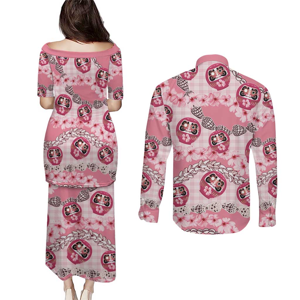 Japanese Daruma Doll Palaka Couples Matching Puletasi and Long Sleeve Button Shirt Cherry Blossoms With Shell Lei - Polynesian Pride