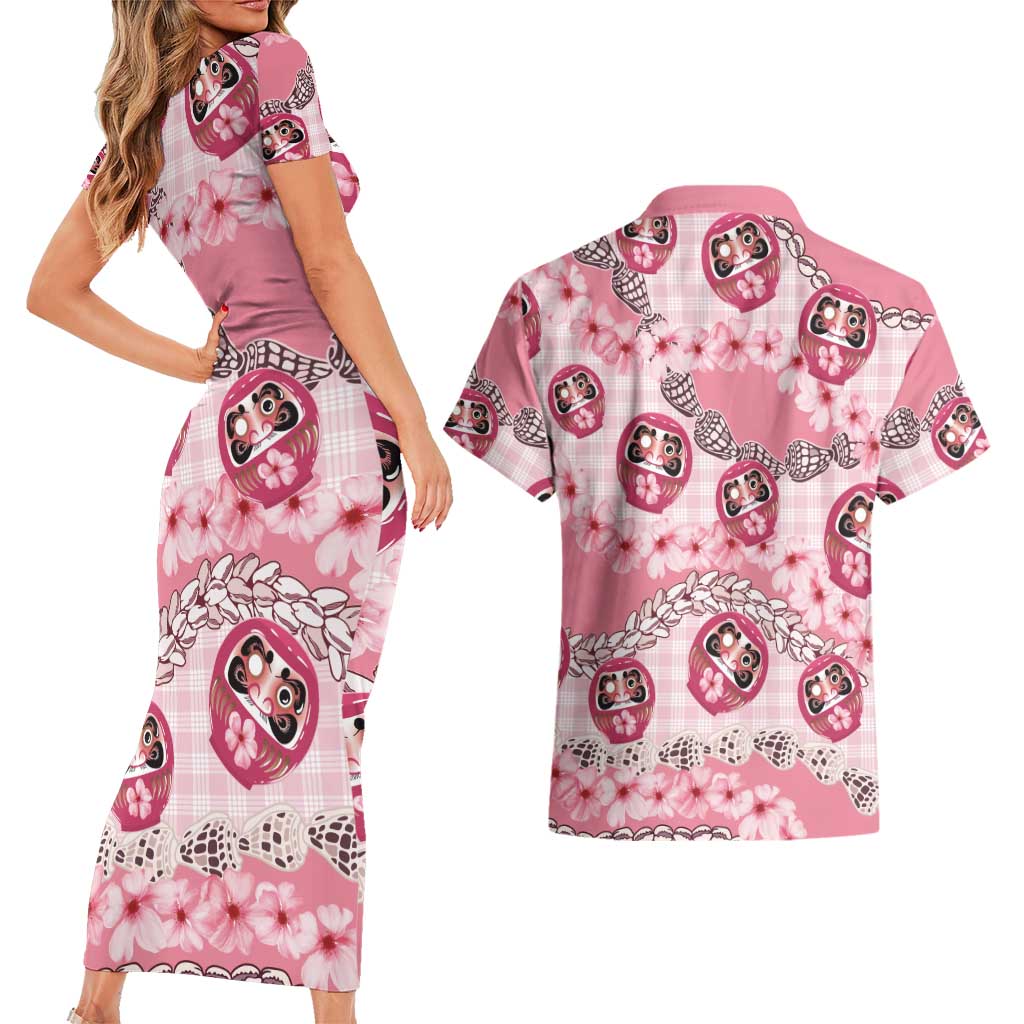 Japanese Daruma Doll Palaka Couples Matching Short Sleeve Bodycon Dress and Hawaiian Shirt Cherry Blossoms With Shell Lei - Polynesian Pride
