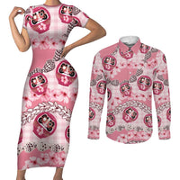 Japanese Daruma Doll Palaka Couples Matching Short Sleeve Bodycon Dress and Long Sleeve Button Shirt Cherry Blossoms With Shell Lei - Polynesian Pride