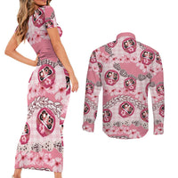 Japanese Daruma Doll Palaka Couples Matching Short Sleeve Bodycon Dress and Long Sleeve Button Shirt Cherry Blossoms With Shell Lei - Polynesian Pride