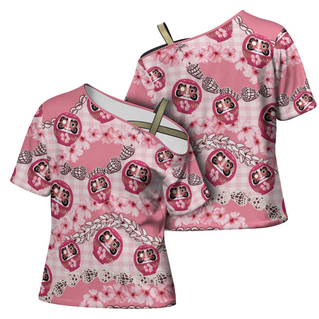 Japanese Daruma Doll Palaka Cross Shoulder Shirt Cherry Blossoms With Shell Lei - Polynesian Pride