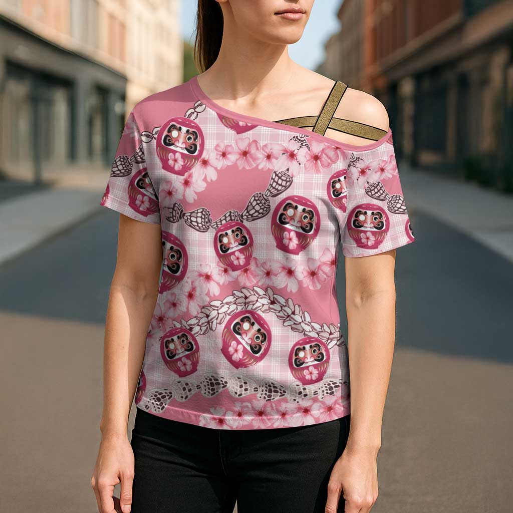 Japanese Daruma Doll Palaka Cross Shoulder Shirt Cherry Blossoms With Shell Lei - Polynesian Pride