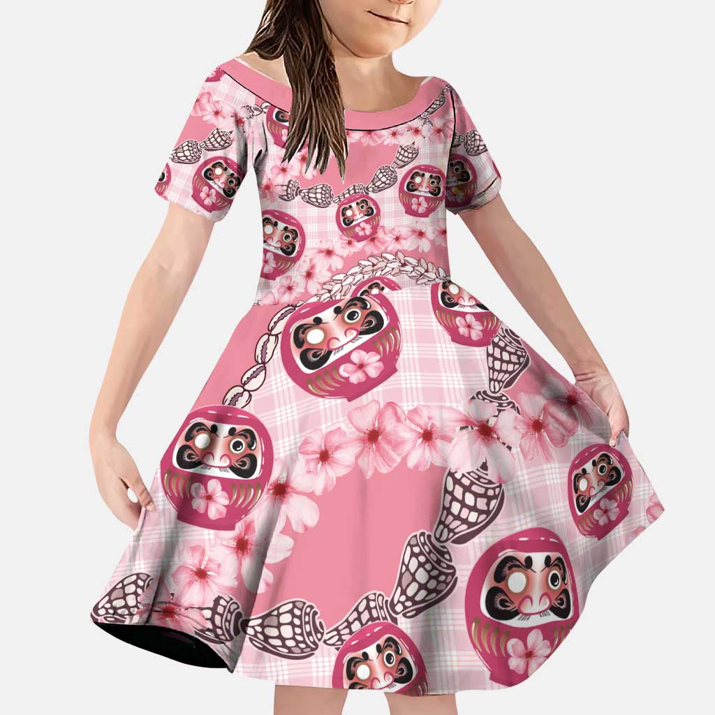 Japanese Daruma Doll Palaka Family Matching Long Sleeve Bodycon Dress and Hawaiian Shirt Cherry Blossoms With Shell Lei - Polynesian Pride