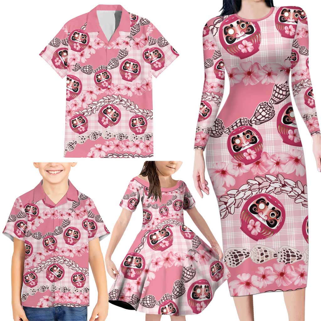 Japanese Daruma Doll Palaka Family Matching Long Sleeve Bodycon Dress and Hawaiian Shirt Cherry Blossoms With Shell Lei - Polynesian Pride