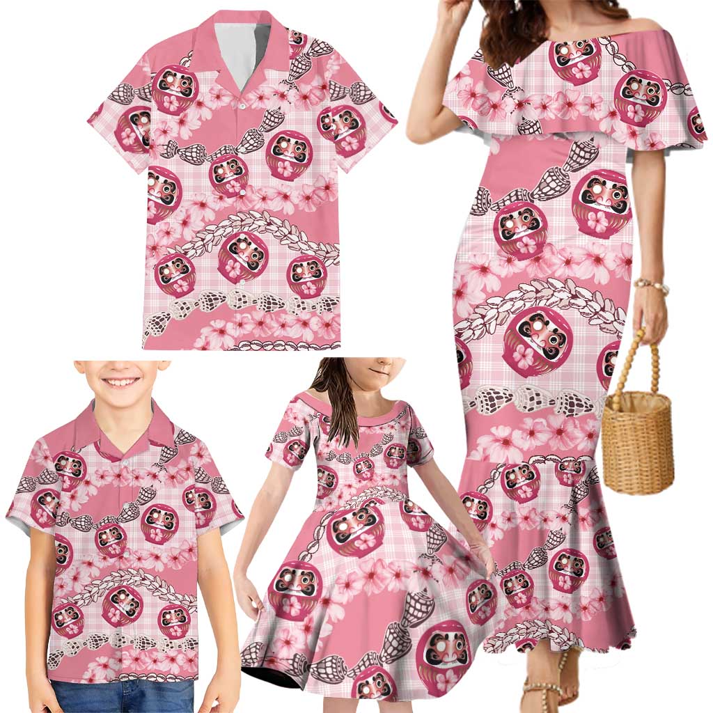 Japanese Daruma Doll Palaka Family Matching Mermaid Dress and Hawaiian Shirt Cherry Blossoms With Shell Lei - Polynesian Pride