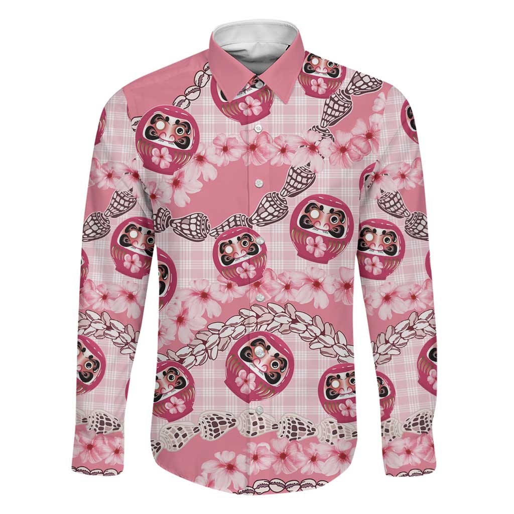 Japanese Daruma Doll Palaka Family Matching Mermaid Dress and Hawaiian Shirt Cherry Blossoms With Shell Lei - Polynesian Pride