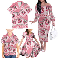 Japanese Daruma Doll Palaka Family Matching Off The Shoulder Long Sleeve Dress and Hawaiian Shirt Cherry Blossoms With Shell Lei - Polynesian Pride