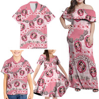 Japanese Daruma Doll Palaka Family Matching Off Shoulder Maxi Dress and Hawaiian Shirt Cherry Blossoms With Shell Lei - Polynesian Pride