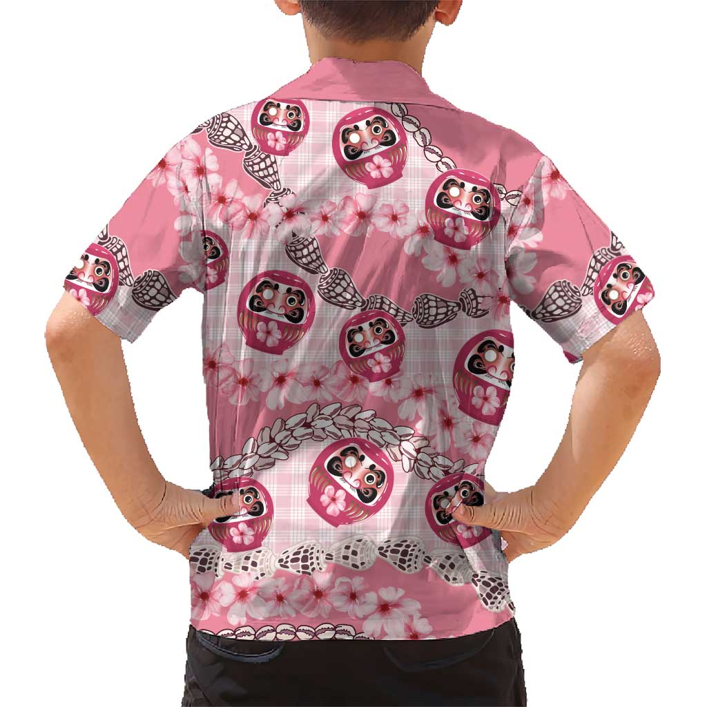 Japanese Daruma Doll Palaka Family Matching Off Shoulder Short Dress and Hawaiian Shirt Cherry Blossoms With Shell Lei - Polynesian Pride