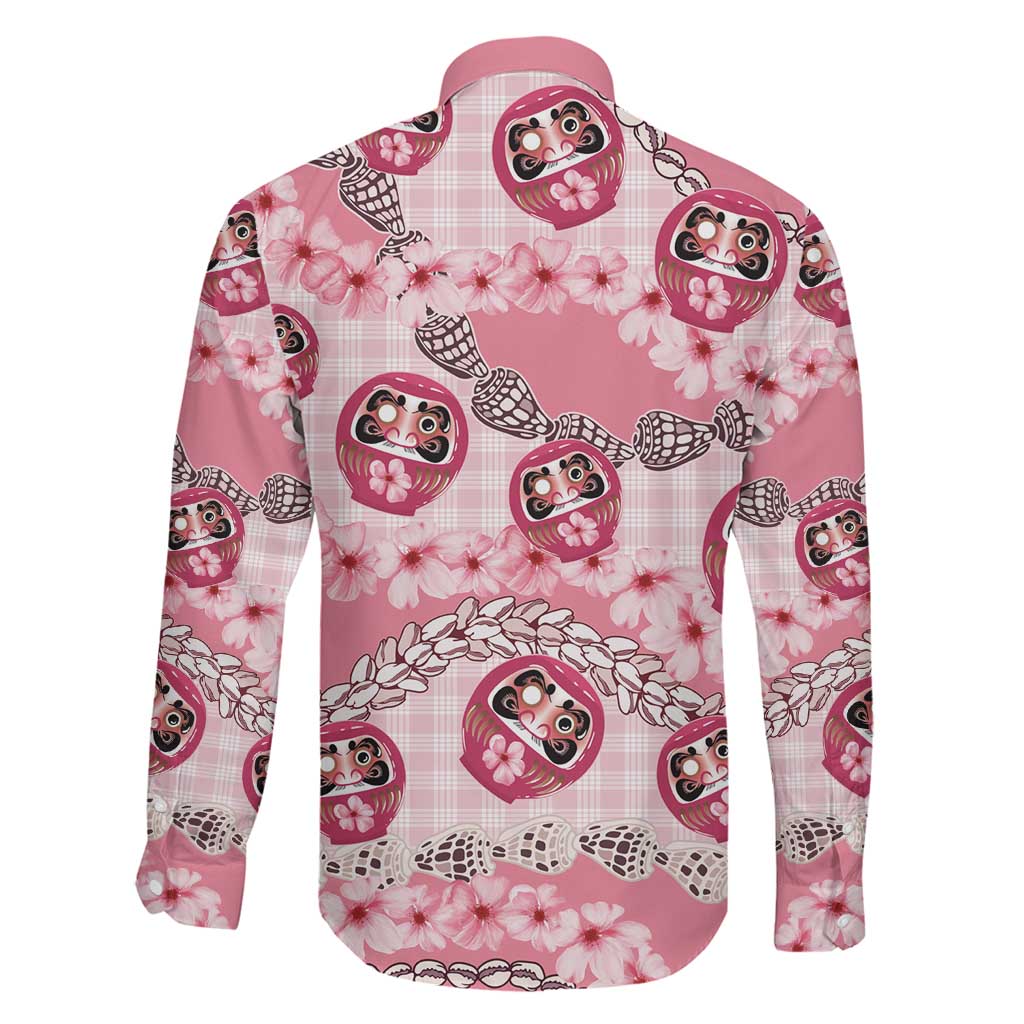 Japanese Daruma Doll Palaka Family Matching Off Shoulder Short Dress and Hawaiian Shirt Cherry Blossoms With Shell Lei - Polynesian Pride