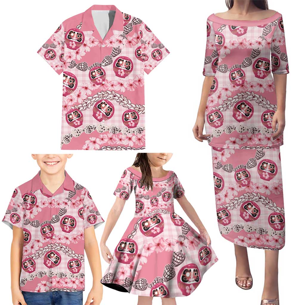 Japanese Daruma Doll Palaka Family Matching Puletasi and Hawaiian Shirt Cherry Blossoms With Shell Lei - Polynesian Pride