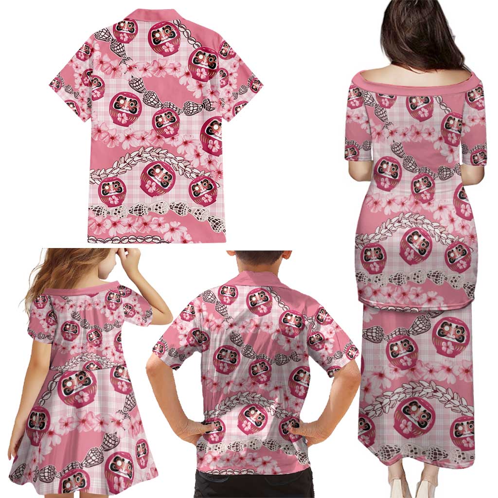 Japanese Daruma Doll Palaka Family Matching Puletasi and Hawaiian Shirt Cherry Blossoms With Shell Lei - Polynesian Pride