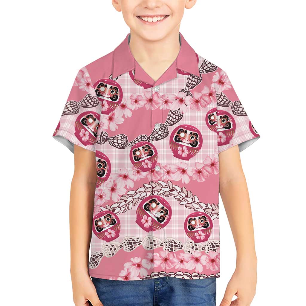 Japanese Daruma Doll Palaka Family Matching Short Sleeve Bodycon Dress and Hawaiian Shirt Cherry Blossoms With Shell Lei - Polynesian Pride