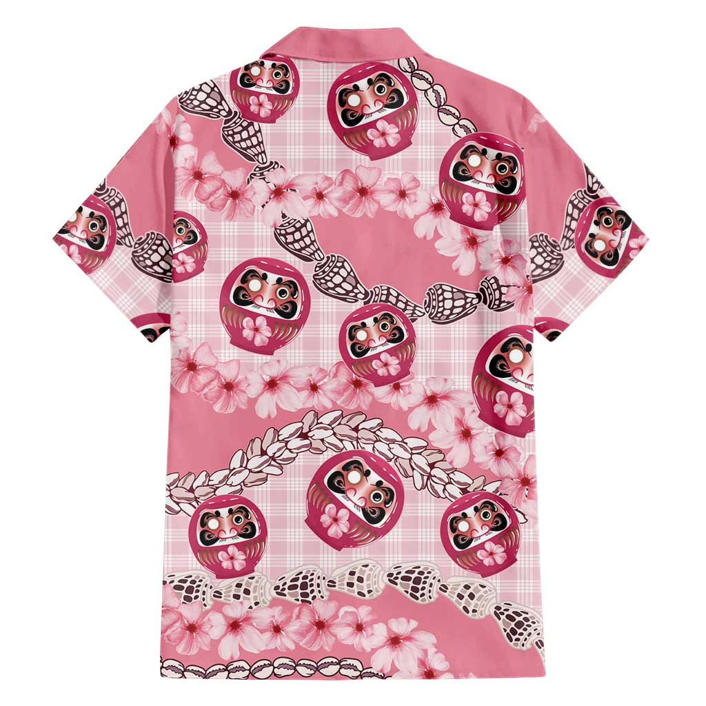 Japanese Daruma Doll Palaka Family Matching Tank Maxi Dress and Hawaiian Shirt Cherry Blossoms With Shell Lei - Polynesian Pride