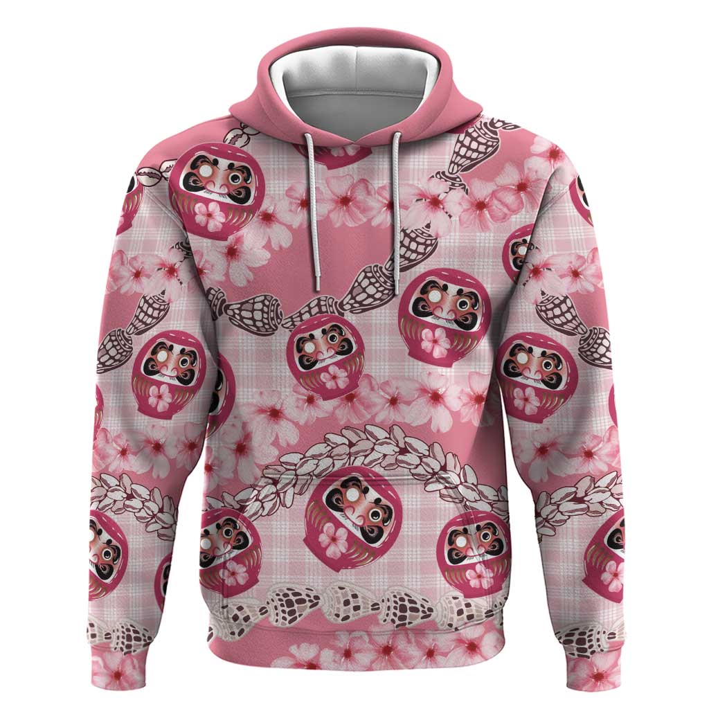 Japanese Daruma Doll Palaka Hoodie Cherry Blossoms With Shell Lei LT14 Pullover Hoodie Pink - Polynesian Pride