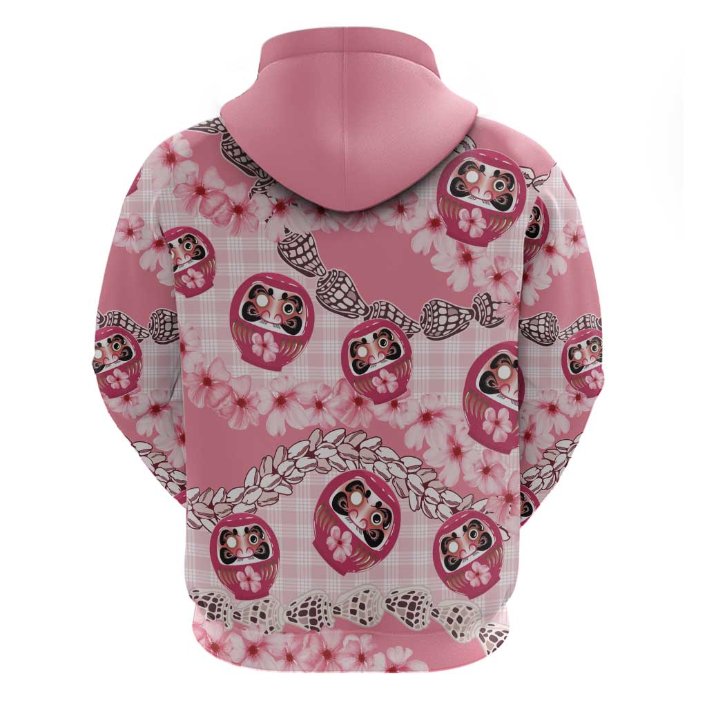 Japanese Daruma Doll Palaka Hoodie Cherry Blossoms With Shell Lei - Polynesian Pride