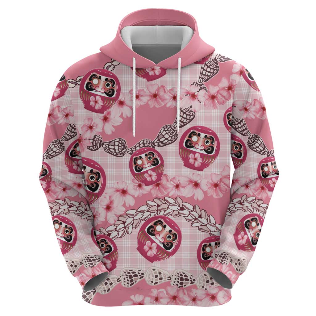 Japanese Daruma Doll Palaka Hoodie Cherry Blossoms With Shell Lei - Polynesian Pride