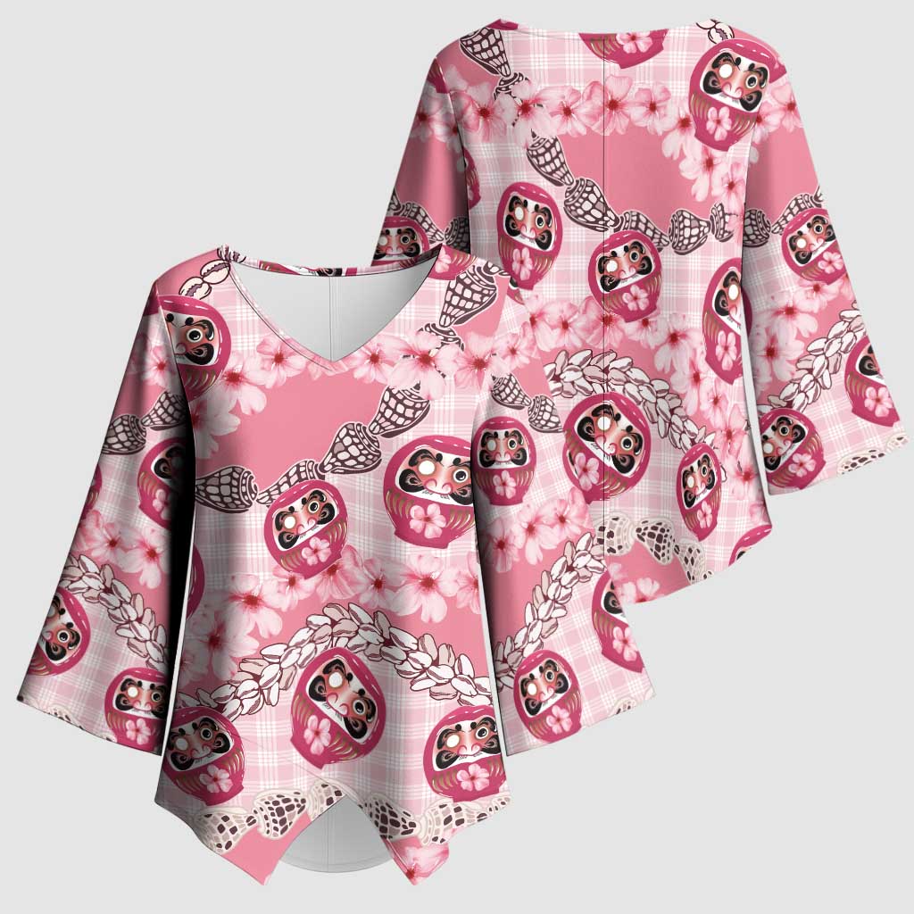 Japanese Daruma Doll Palaka Kimono Sleeve Blouse Cherry Blossoms With Shell Lei - Polynesian Pride