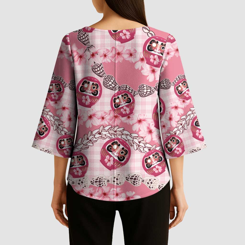Japanese Daruma Doll Palaka Kimono Sleeve Blouse Cherry Blossoms With Shell Lei - Polynesian Pride