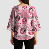 Japanese Daruma Doll Palaka Kimono Sleeve Blouse Cherry Blossoms With Shell Lei - Polynesian Pride