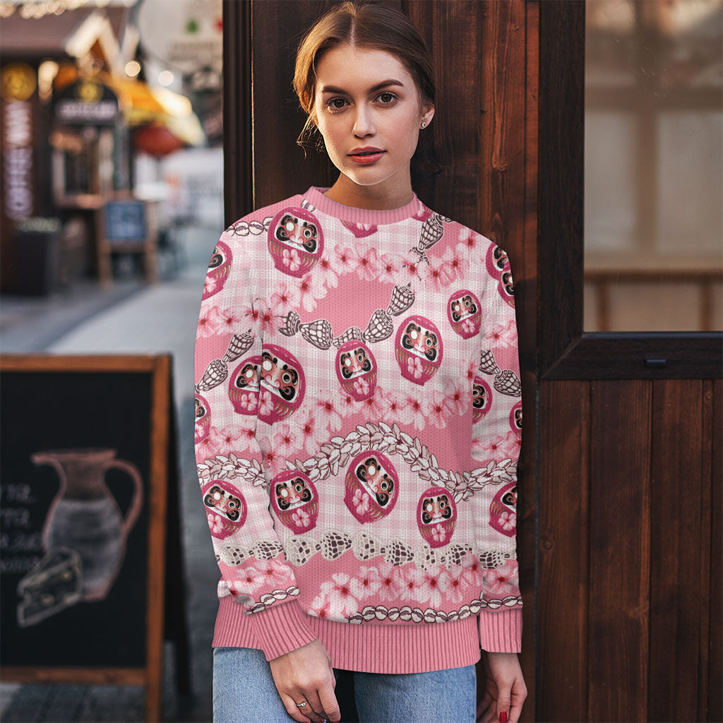 Japanese Daruma Doll Palaka Ugly Christmas Sweater Cherry Blossoms With Shell Lei