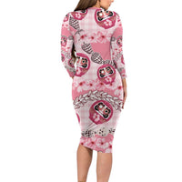 Japanese Daruma Doll Palaka Long Sleeve Bodycon Dress Cherry Blossoms With Shell Lei - Polynesian Pride