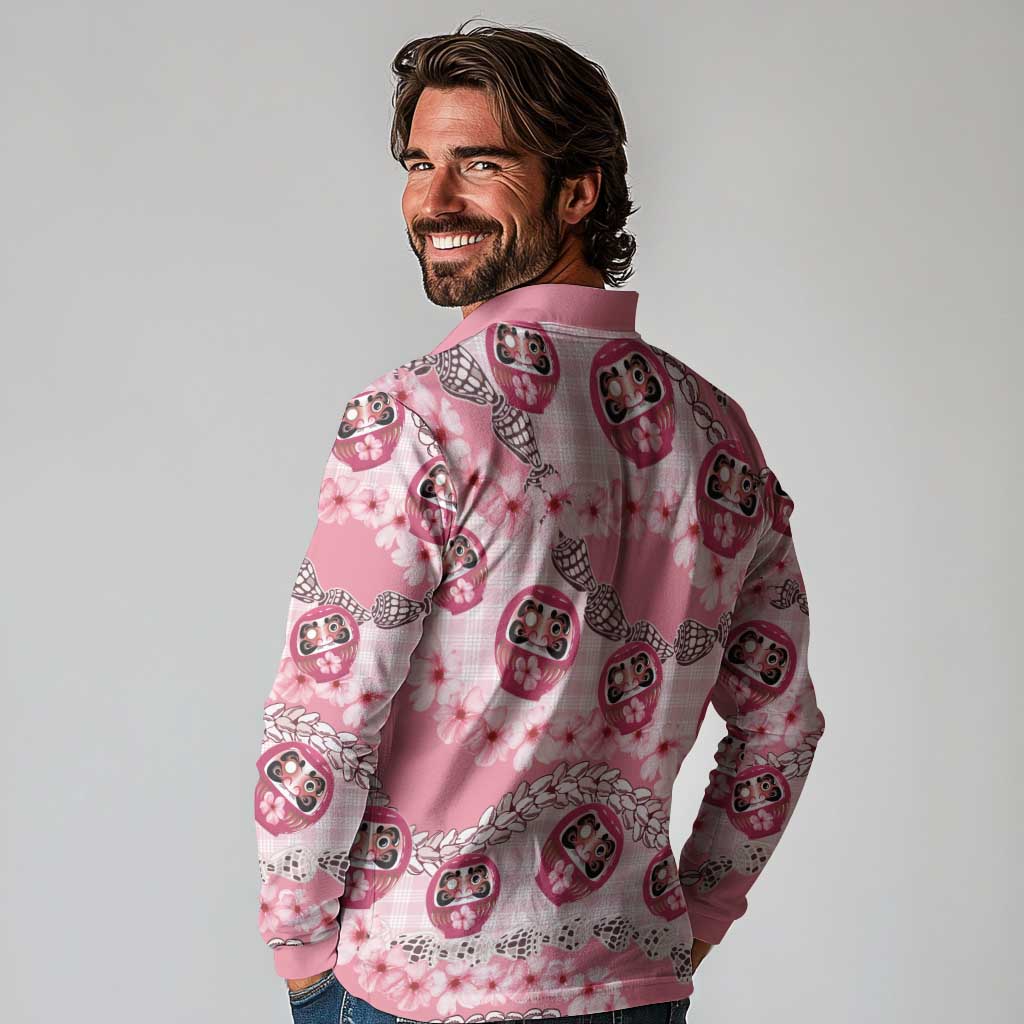 Japanese Daruma Doll Palaka Long Sleeve Polo Shirt Cherry Blossoms With Shell Lei - Polynesian Pride