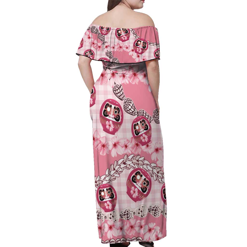 Japanese Daruma Doll Palaka Off Shoulder Maxi Dress Cherry Blossoms With Shell Lei - Polynesian Pride