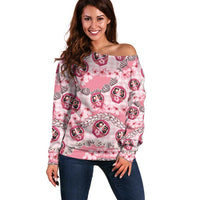 Japanese Daruma Doll Palaka Off Shoulder Sweater Cherry Blossoms With Shell Lei LT14 Women Pink - Polynesian Pride
