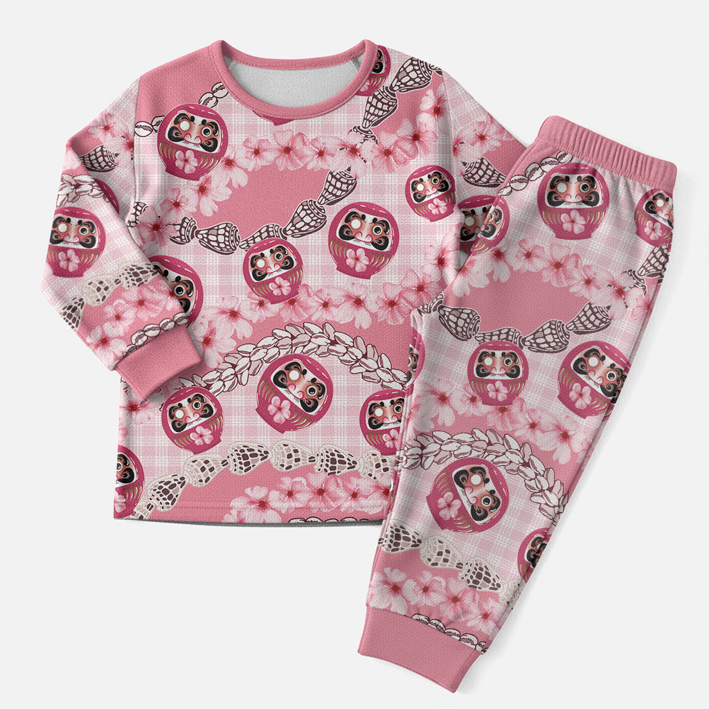 Japanese Daruma Doll Palaka Christmas Pajama Set Cherry Blossoms With Shell Lei