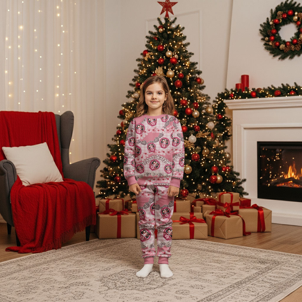 Japanese Daruma Doll Palaka Christmas Pajama Set Cherry Blossoms With Shell Lei