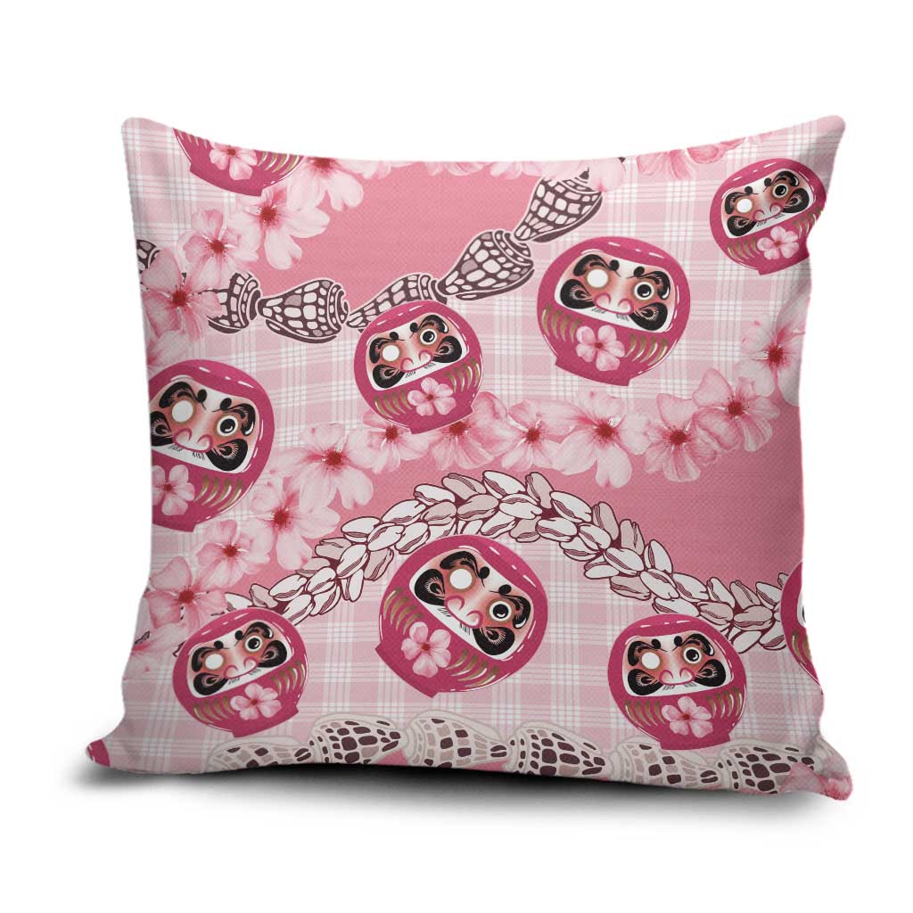 Japanese Daruma Doll Palaka Pillow Cover Cherry Blossoms With Shell Lei - Polynesian Pride