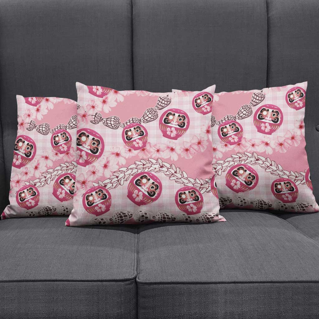 Japanese Daruma Doll Palaka Pillow Cover Cherry Blossoms With Shell Lei - Polynesian Pride