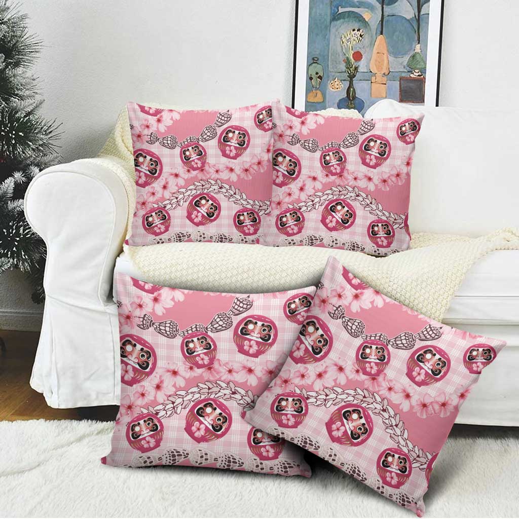 Japanese Daruma Doll Palaka Pillow Cover Cherry Blossoms With Shell Lei - Polynesian Pride
