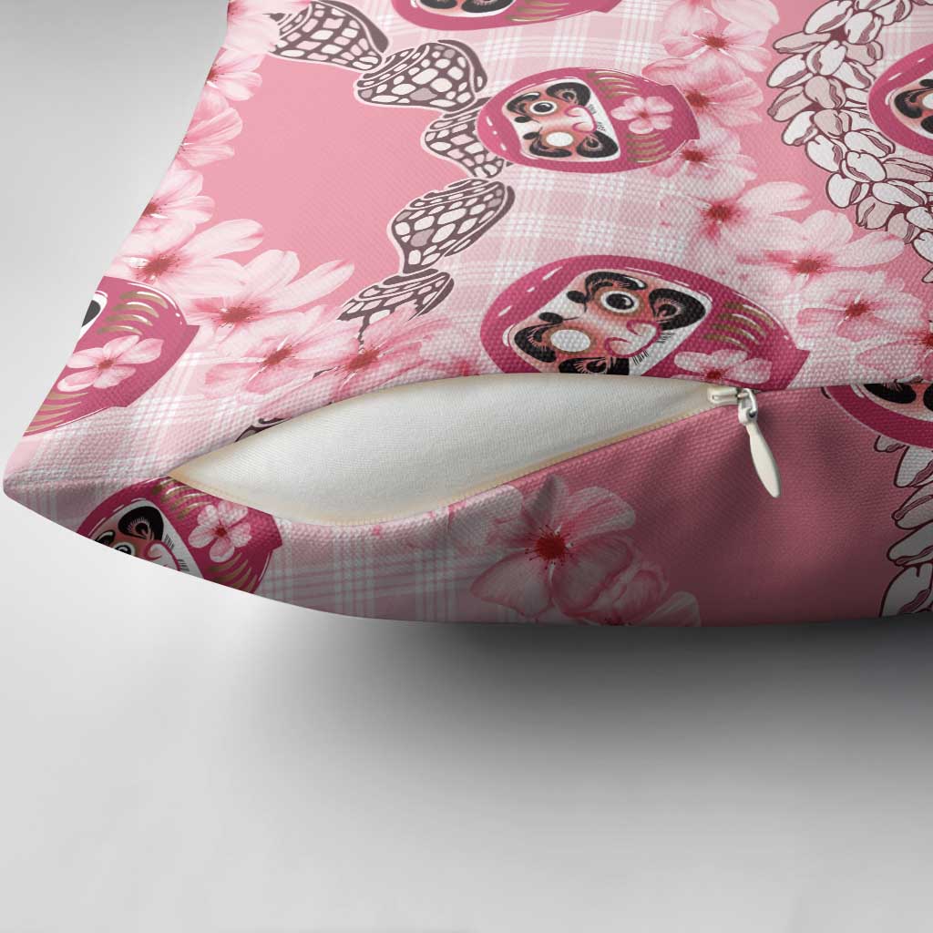 Japanese Daruma Doll Palaka Pillow Cover Cherry Blossoms With Shell Lei - Polynesian Pride