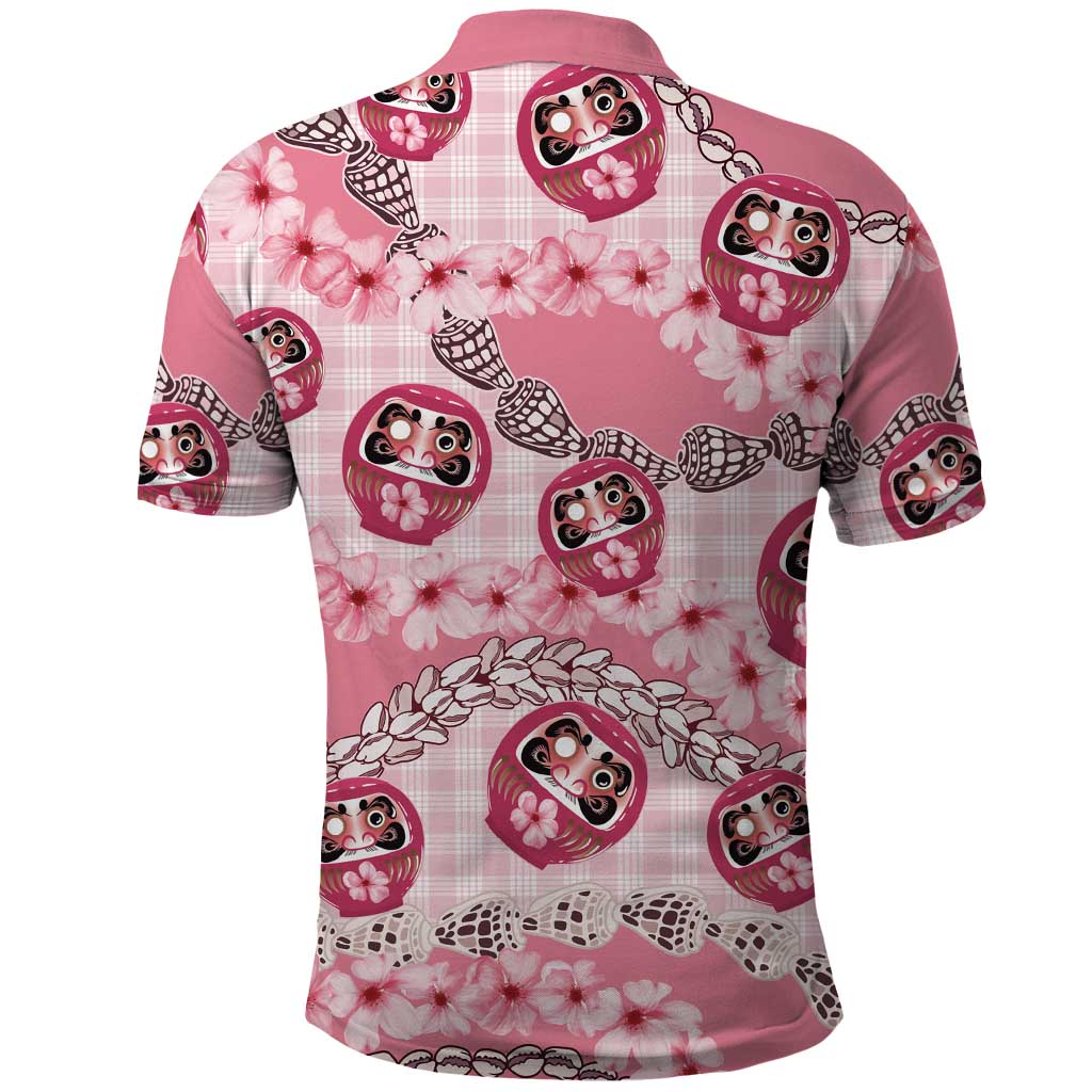 Japanese Daruma Doll Palaka Polo Shirt Cherry Blossoms With Shell Lei - Polynesian Pride