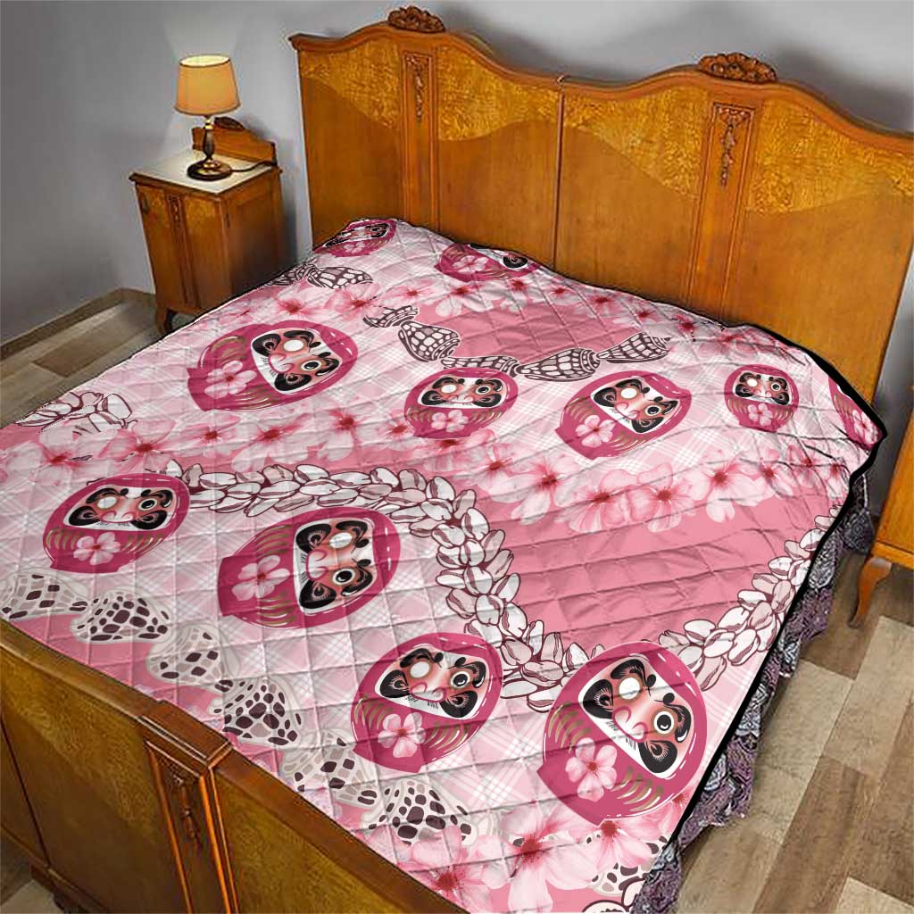 Japanese Daruma Doll Palaka Quilt Cherry Blossoms With Shell Lei - Polynesian Pride