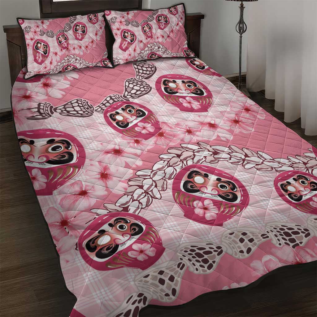 Japanese Daruma Doll Palaka Quilt Bed Set Cherry Blossoms With Shell Lei LT14 Pink - Polynesian Pride