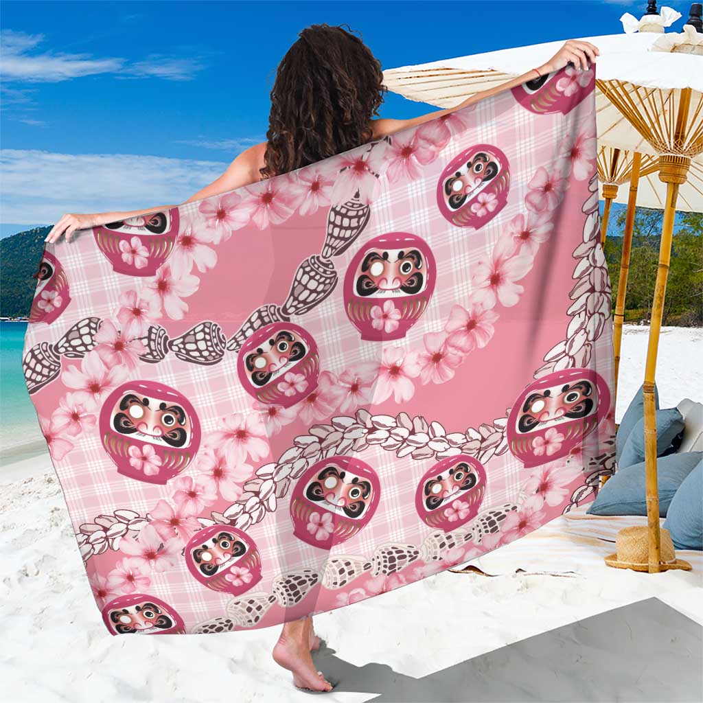 Japanese Daruma Doll Palaka Sarong Cherry Blossoms With Shell Lei LT14 One Size 44 x 66 inches Pink - Polynesian Pride