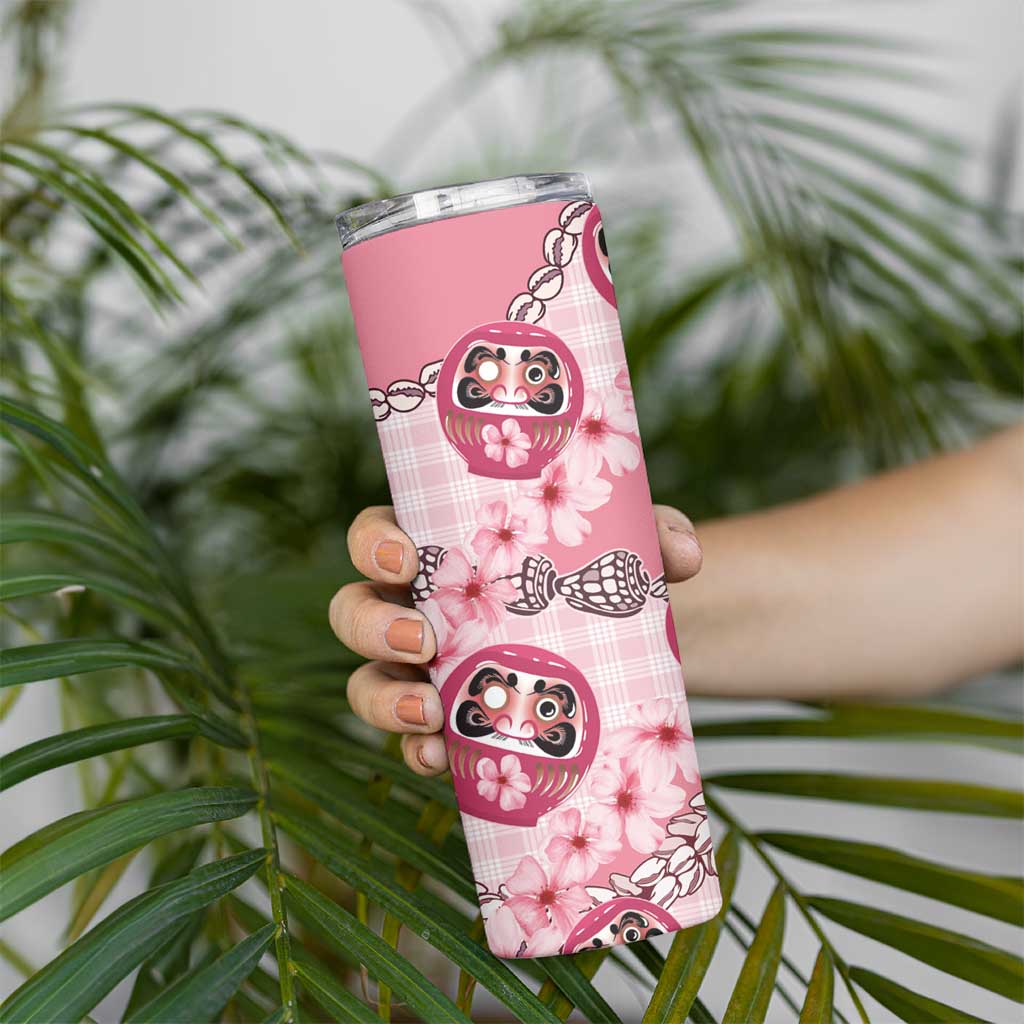 Japanese Daruma Doll Palaka Skinny Tumbler Cherry Blossoms With Shell Lei - Polynesian Pride