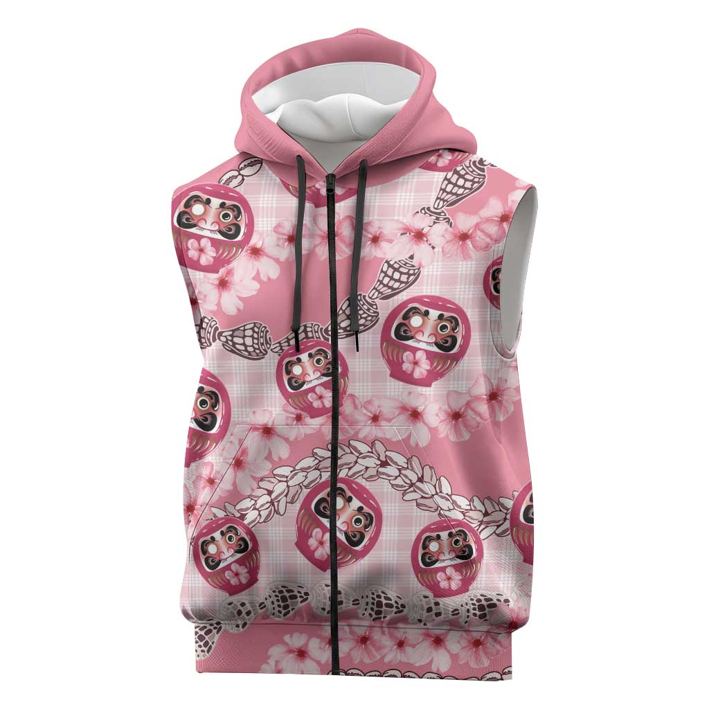 Japanese Daruma Doll Palaka Sleeveless Zip Hoodie Cherry Blossoms With Shell Lei - Polynesian Pride
