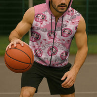 Japanese Daruma Doll Palaka Sleeveless Zip Hoodie Cherry Blossoms With Shell Lei - Polynesian Pride