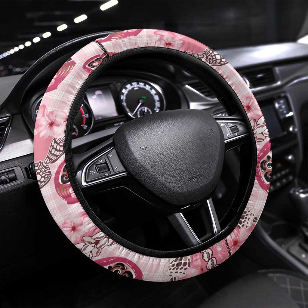 Japanese Daruma Doll Palaka Steering Wheel Cover Cherry Blossoms With Shell Lei - Polynesian Pride