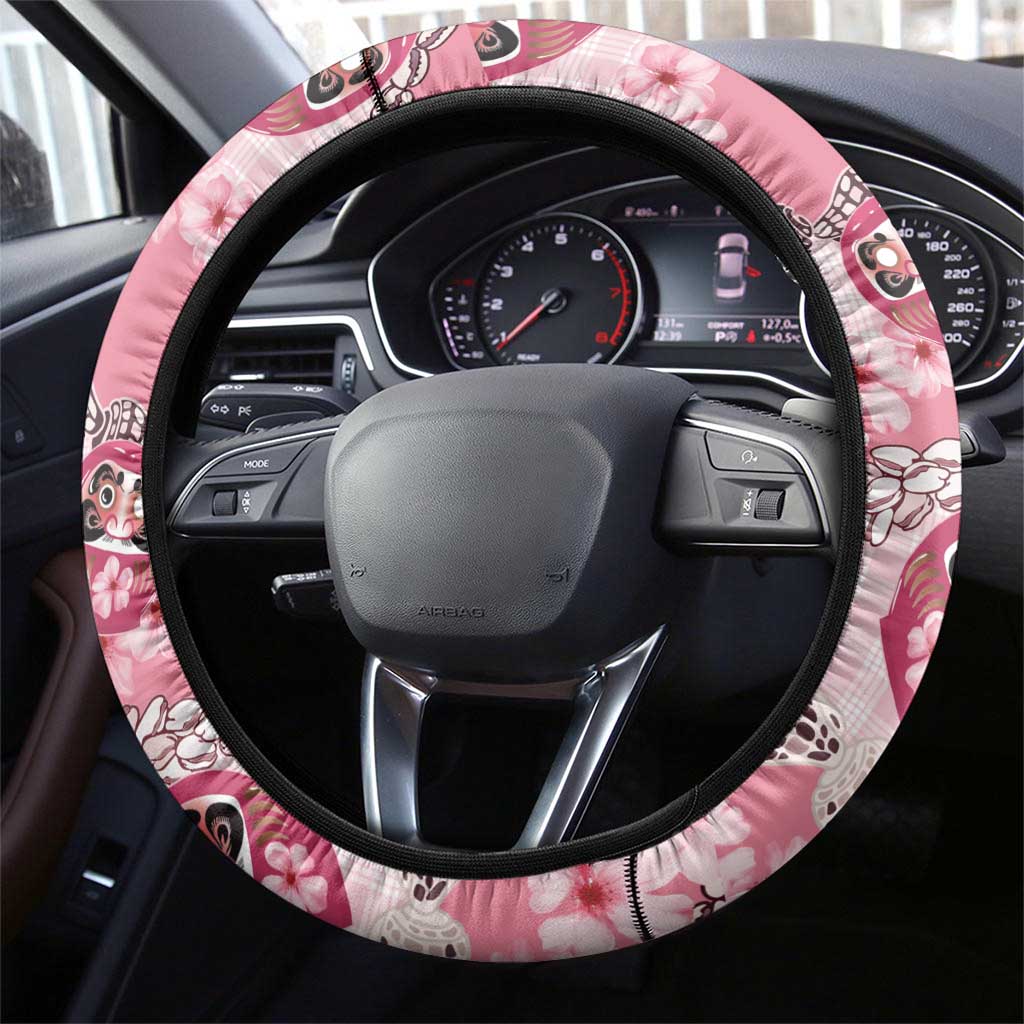 Japanese Daruma Doll Palaka Steering Wheel Cover Cherry Blossoms With Shell Lei - Polynesian Pride