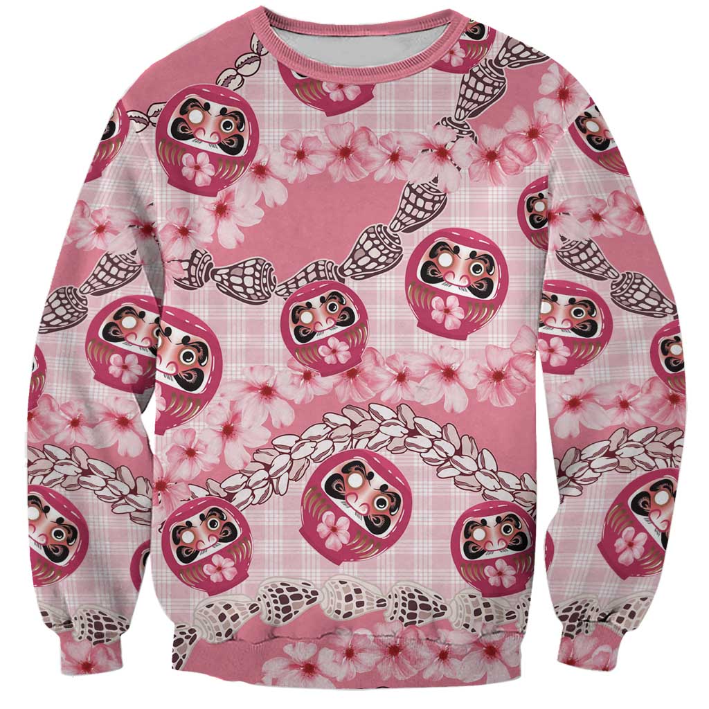 Japanese Daruma Doll Palaka Sweatshirt Cherry Blossoms With Shell Lei - Polynesian Pride