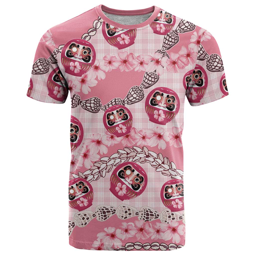 Japanese Daruma Doll Palaka T Shirt Cherry Blossoms With Shell Lei - Polynesian Pride