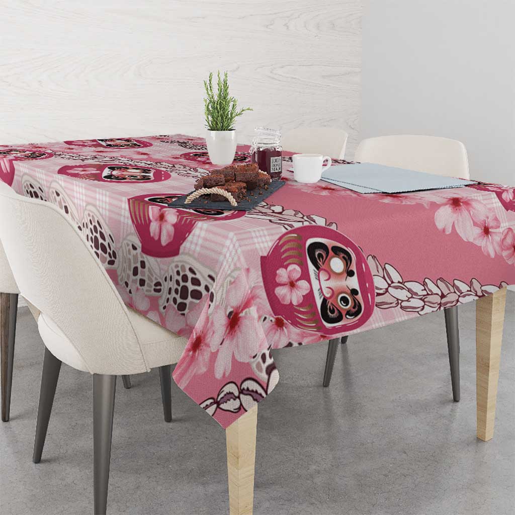 Japanese Daruma Doll Palaka Tablecloth Cherry Blossoms With Shell Lei - Polynesian Pride