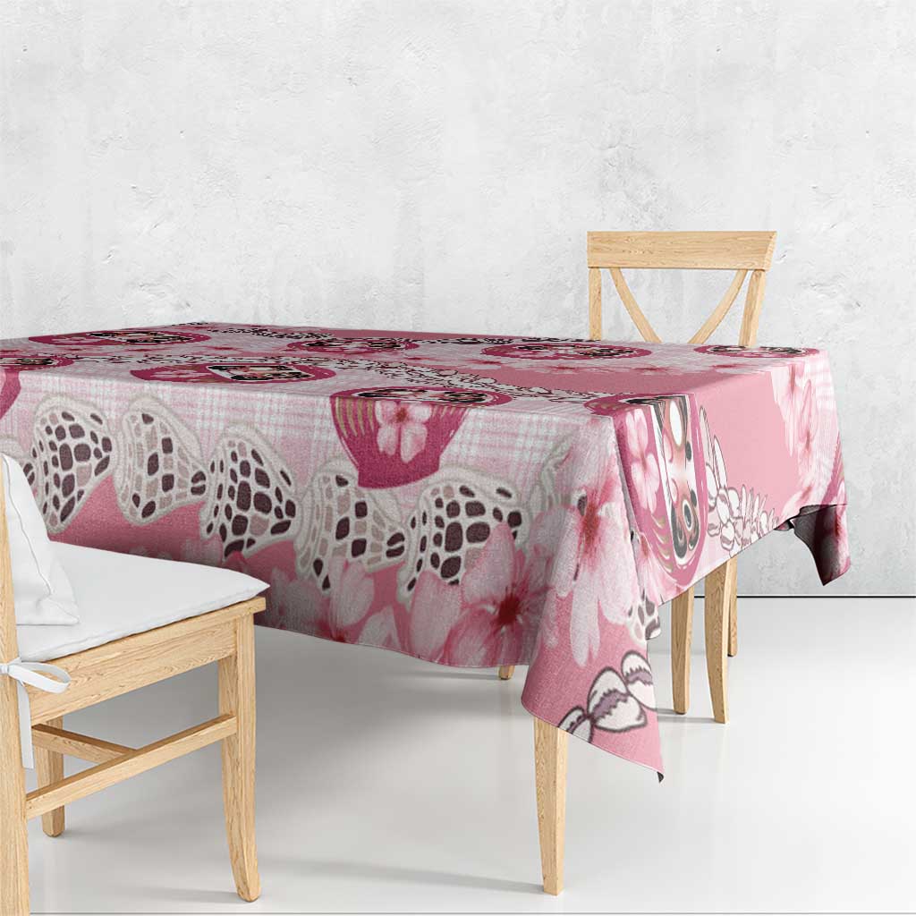 Japanese Daruma Doll Palaka Tablecloth Cherry Blossoms With Shell Lei - Polynesian Pride